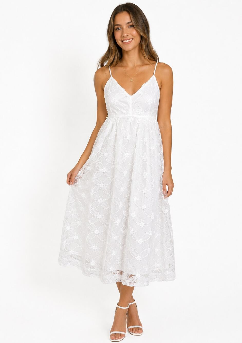 Lulus White Floral Embroidered Midi Dress NWT Bridal Shower Wedding Medium